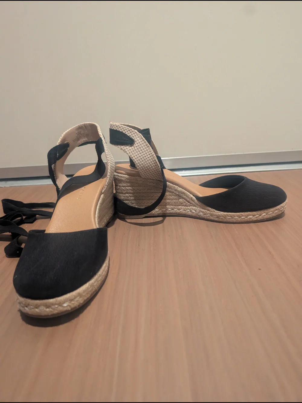 Kelly & Katie Black Espadrille Wedge Sandals with Wrap Ties